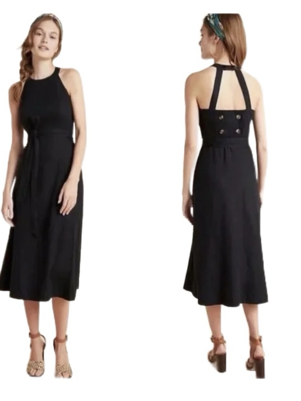 Anthropologie Greta Black Halter Midi Dress with Back Button Panel Size 6